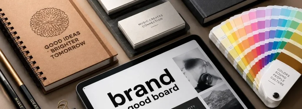 A brand mood board with a tablet, colour swatches and notebooks on a desk