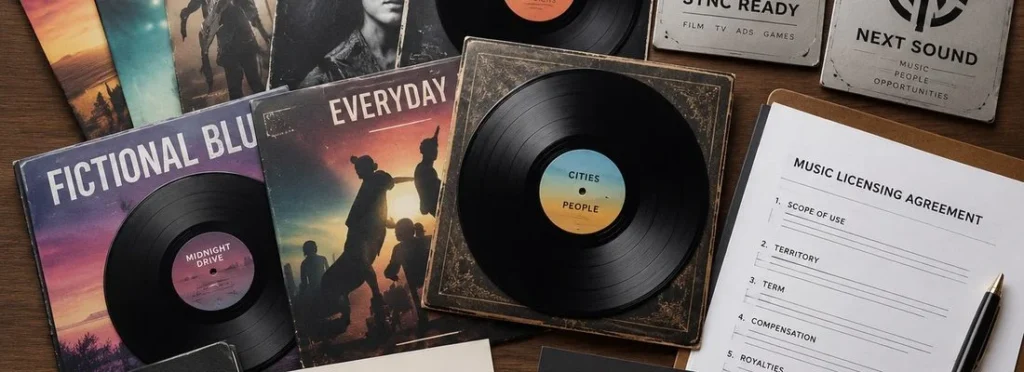 Album artwork, a vinyl record and a printed music licensing agreement