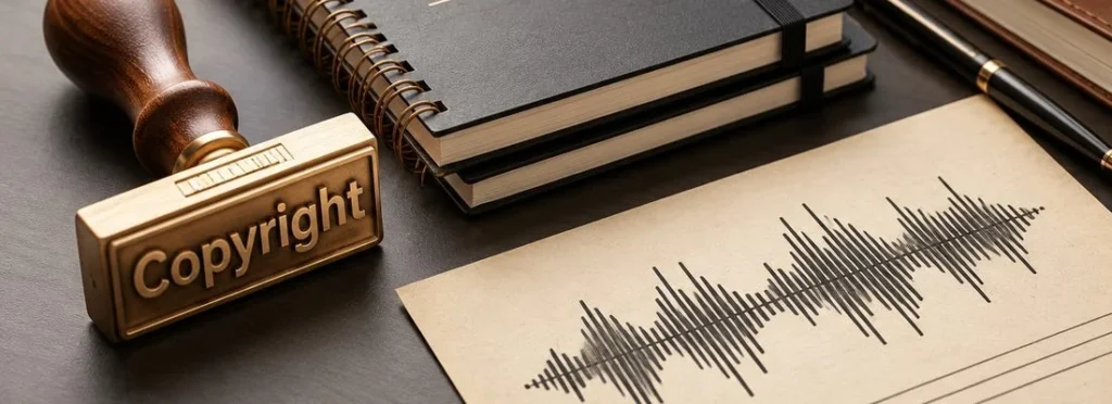 A copyright stamp beside notebooks and a printed audio waveform