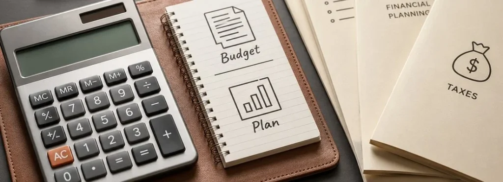 A ledger, a calculator and tax forms on a desk beside a notebook