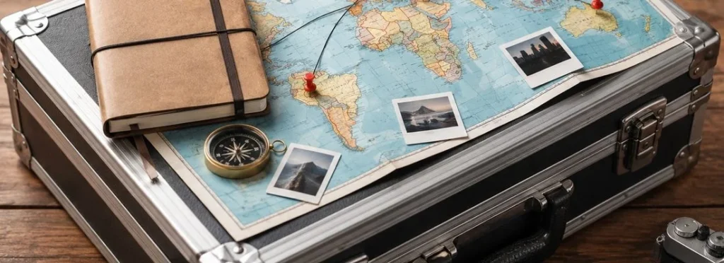 A flight case with a world map, a compass and travel photographs